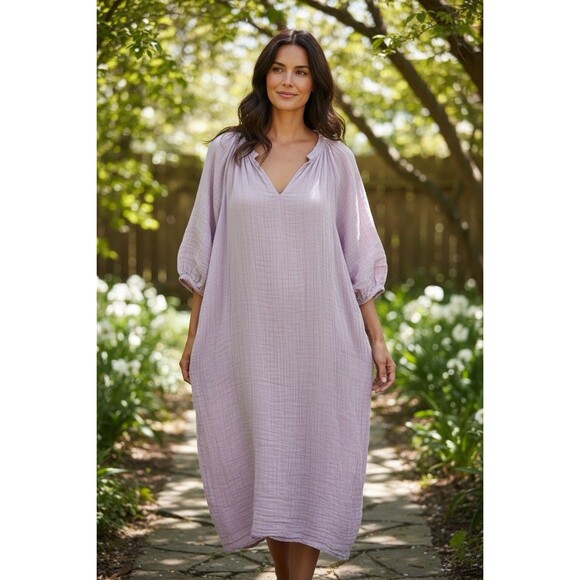Ocean Main LA Maxi Kaftan Dress Double Gauze Raw Edge Dessert Amethyst M/L $260 - Picture 2 of 11